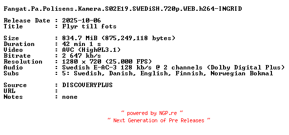 NFO for the release Fangat.Pa.Polisens.Kamera.S02E19.SWEDiSH.720p.WEB.h264-INGRID by INGRID