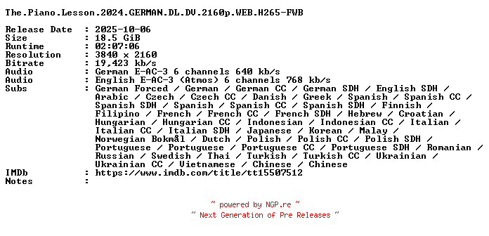 NFO for the release The.Piano.Lesson.2024.GERMAN.DL.DV.2160p.WEB.H265-FWB by FWB