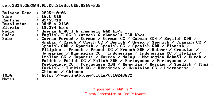 NFO for the release Joy.2024.GERMAN.DL.DV.2160p.WEB.H265-FWB by FWB