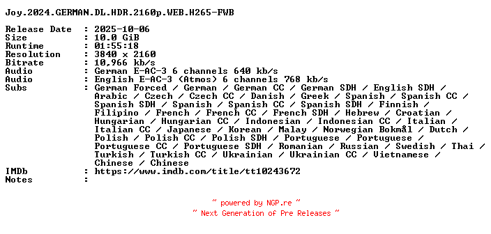 NFO for the release Joy.2024.GERMAN.DL.HDR.2160p.WEB.H265-FWB by FWB