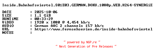 NFO for the release Inside.Bahnhofsviertel.S01E03.GERMAN.DOKU.1080p.WEB.H264-SYNERGiE by SYNERGiE