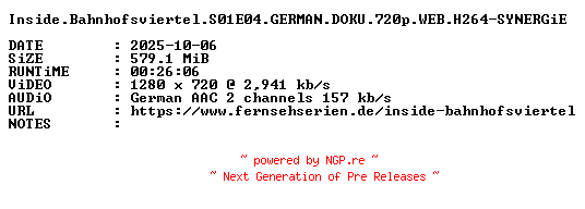 NFO for the release Inside.Bahnhofsviertel.S01E04.GERMAN.DOKU.720p.WEB.H264-SYNERGiE by SYNERGiE