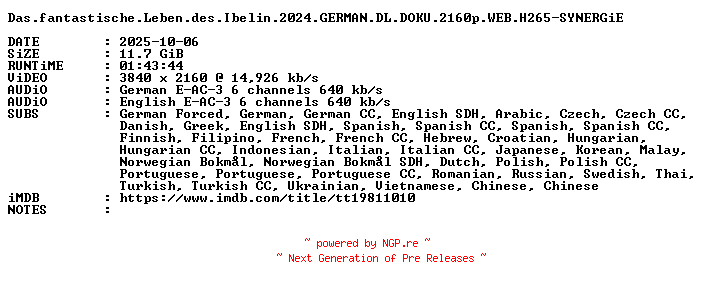 NFO for the release Das.fantastische.Leben.des.Ibelin.2024.GERMAN.DL.DOKU.2160p.WEB.H265-SYNERGiE by SYNERGiE