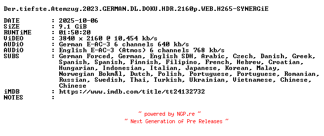NFO for the release Der.tiefste.Atemzug.2023.GERMAN.DL.DOKU.HDR.2160p.WEB.H265-SYNERGiE by SYNERGiE