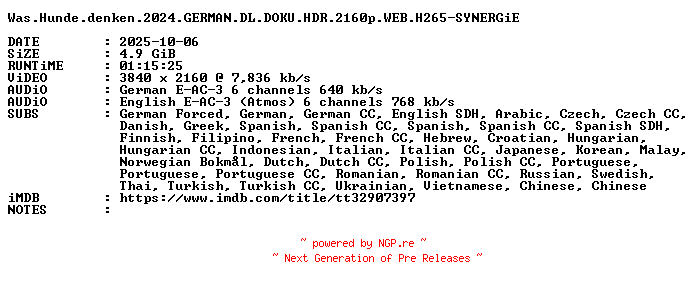 NFO for the release Was.Hunde.denken.2024.GERMAN.DL.DOKU.HDR.2160p.WEB.H265-SYNERGiE by SYNERGiE