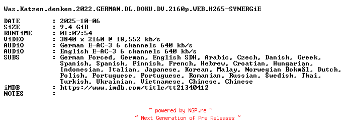 NFO for the release Was.Katzen.denken.2022.GERMAN.DL.DOKU.DV.2160p.WEB.H265-SYNERGiE by SYNERGiE