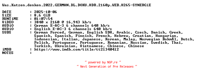 NFO for the release Was.Katzen.denken.2022.GERMAN.DL.DOKU.HDR.2160p.WEB.H265-SYNERGiE by SYNERGiE