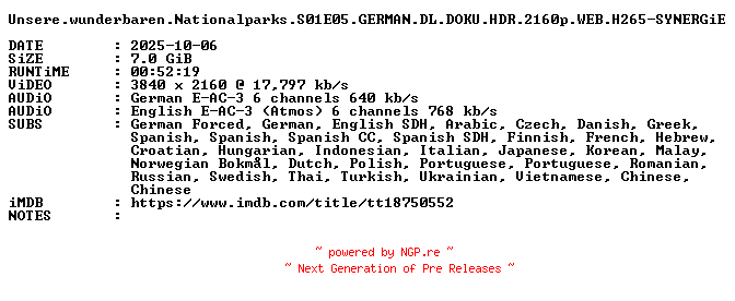 NFO for the release Unsere.wunderbaren.Nationalparks.S01E05.GERMAN.DL.DOKU.HDR.2160p.WEB.H265-SYNERGiE by SYNERGiE