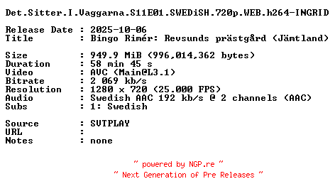 NFO for the release Det.Sitter.I.Vaggarna.S11E01.SWEDiSH.720p.WEB.h264-INGRID by INGRID
