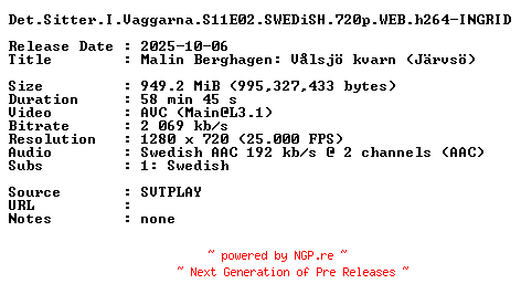 NFO for the release Det.Sitter.I.Vaggarna.S11E02.SWEDiSH.720p.WEB.h264-INGRID by INGRID