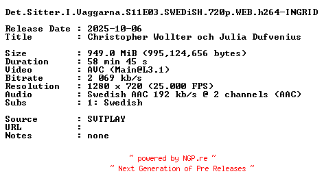 NFO for the release Det.Sitter.I.Vaggarna.S11E03.SWEDiSH.720p.WEB.h264-INGRID by INGRID