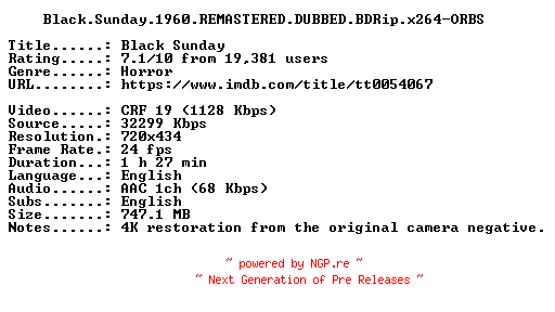 NFO for the release Black.Sunday.1960.REMASTERED.DUBBED.BDRip.x264-ORBS by ORBS