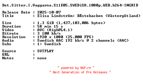 NFO for the release Det.Sitter.I.Vaggarna.S11E05.SWEDiSH.1080p.WEB.h264-INGRID by INGRID