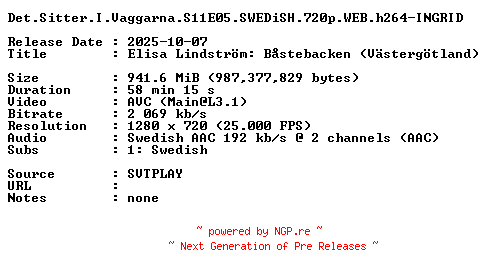 NFO for the release Det.Sitter.I.Vaggarna.S11E05.SWEDiSH.720p.WEB.h264-INGRID by INGRID