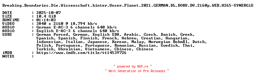 NFO for the release Breaking.Boundaries.Die.Wissenschaft.hinter.Unser.Planet.2021.GERMAN.DL.DOKU.DV.2160p.WEB.H265-SYNERGiE by SYNERGiE