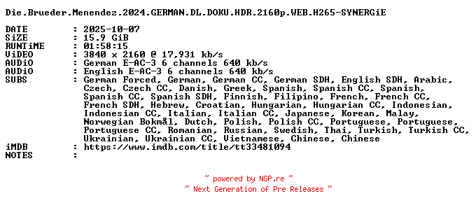 NFO for the release Die.Brueder.Menendez.2024.GERMAN.DL.DOKU.HDR.2160p.WEB.H265-SYNERGiE by SYNERGiE