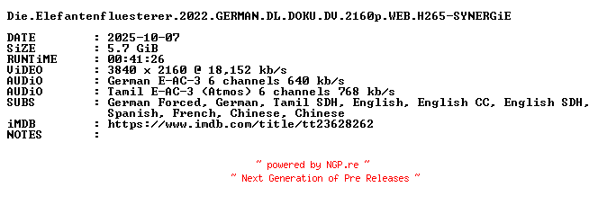 NFO for the release Die.Elefantenfluesterer.2022.GERMAN.DL.DOKU.DV.2160p.WEB.H265-SYNERGiE by SYNERGiE
