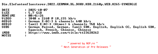 NFO for the release Die.Elefantenfluesterer.2022.GERMAN.DL.DOKU.HDR.2160p.WEB.H265-SYNERGiE by SYNERGiE