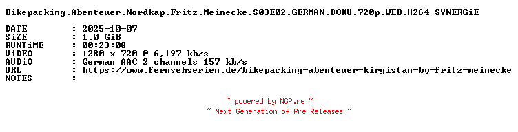 NFO for the release Bikepacking.Abenteuer.Nordkap.Fritz.Meinecke.S03E02.GERMAN.DOKU.720p.WEB.H264-SYNERGiE by SYNERGiE