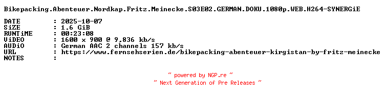 NFO for the release Bikepacking.Abenteuer.Nordkap.Fritz.Meinecke.S03E02.GERMAN.DOKU.1080p.WEB.H264-SYNERGiE by SYNERGiE