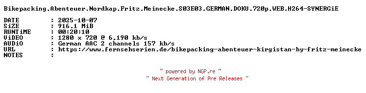 NFO for the release Bikepacking.Abenteuer.Nordkap.Fritz.Meinecke.S03E03.GERMAN.DOKU.720p.WEB.H264-SYNERGiE by SYNERGiE