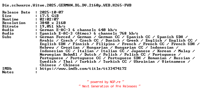 NFO for the release Die.schwarze.Witwe.2025.GERMAN.DL.DV.2160p.WEB.H265-FWB by FWB