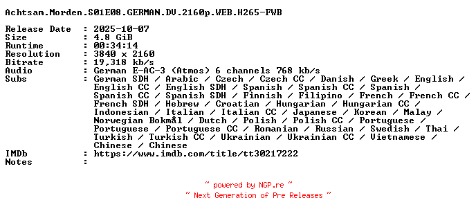 NFO for the release Achtsam.Morden.S01E08.GERMAN.DV.2160p.WEB.H265-FWB by FWB