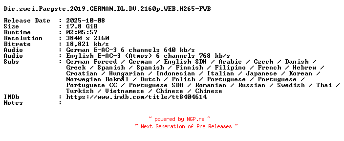 NFO for the release Die.zwei.Paepste.2019.GERMAN.DL.DV.2160p.WEB.H265-FWB by FWB