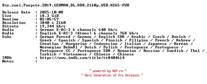 NFO for the release Die.zwei.Paepste.2019.GERMAN.DL.HDR.2160p.WEB.H265-FWB by FWB