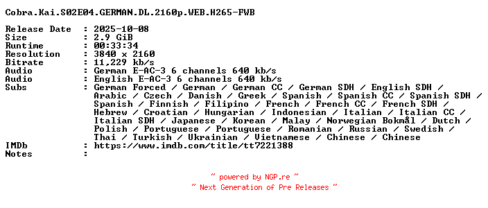 NFO for the release Cobra.Kai.S02E04.GERMAN.DL.2160p.WEB.H265-FWB by FWB