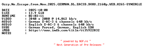 NFO for the release Ozzy.No.Escape.from.Now.2025.GERMAN.DL.EAC3D.DOKU.2160p.WEB.H265-SYNERGiE by SYNERGiE
