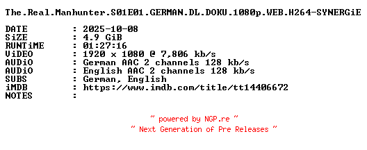 NFO for the release The.Real.Manhunter.S01E01.GERMAN.DL.DOKU.1080p.WEB.H264-SYNERGiE by SYNERGiE