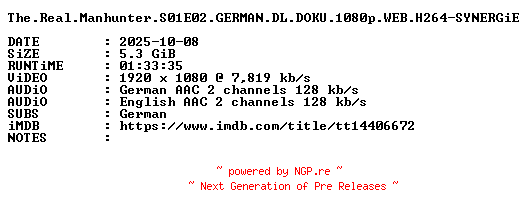 NFO for the release The.Real.Manhunter.S01E02.GERMAN.DL.DOKU.1080p.WEB.H264-SYNERGiE by SYNERGiE
