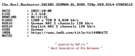 NFO for the release The.Real.Manhunter.S01E02.GERMAN.DL.DOKU.720p.WEB.H264-SYNERGiE by SYNERGiE