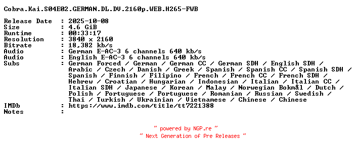 NFO for the release Cobra.Kai.S04E02.GERMAN.DL.DV.2160p.WEB.H265-FWB by FWB