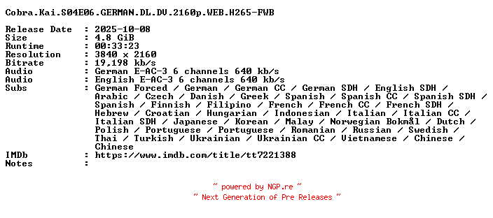 NFO for the release Cobra.Kai.S04E06.GERMAN.DL.DV.2160p.WEB.H265-FWB by FWB