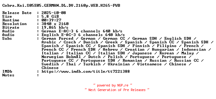 NFO for the release Cobra.Kai.S05E05.GERMAN.DL.DV.2160p.WEB.H265-FWB by FWB