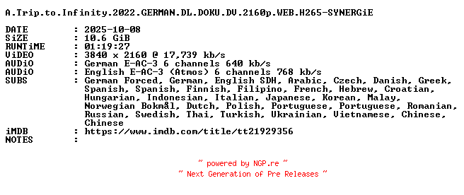 NFO for the release A.Trip.to.Infinity.2022.GERMAN.DL.DOKU.DV.2160p.WEB.H265-SYNERGiE by SYNERGiE