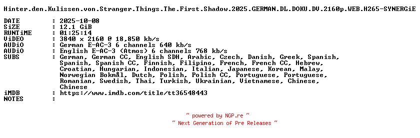 NFO for the release Hinter.den.Kulissen.von.Stranger.Things.The.First.Shadow.2025.GERMAN.DL.DOKU.DV.2160p.WEB.H265-SYNERGiE by SYNERGiE