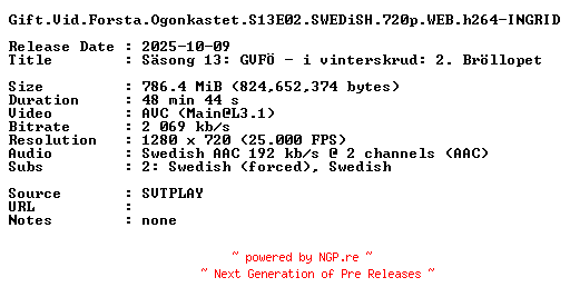 NFO for the release Gift.Vid.Forsta.Ogonkastet.S13E02.SWEDiSH.720p.WEB.h264-INGRID by INGRID