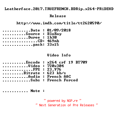 NFO for the release Leatherface.2017.TRUEFRENCH.BDRip.x264-PRiDEHD by PRiDEHD