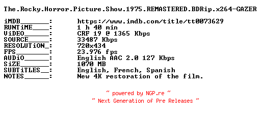 NFO for the release The.Rocky.Horror.Picture.Show.1975.REMASTERED.BDRip.x264-GAZER by GAZER