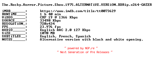 NFO for the release The.Rocky.Horror.Picture.Show.1975.ALTERNATiVE.VERSiON.BDRip.x264-GAZER by GAZER