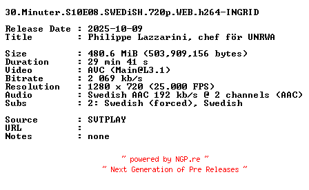 NFO for the release 30.Minuter.S10E08.SWEDiSH.720p.WEB.h264-INGRID by INGRID