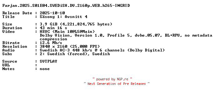 NFO for the release Farjan.2025.S01E04.SWEDiSH.DV.2160p.WEB.h265-INGRID by INGRID