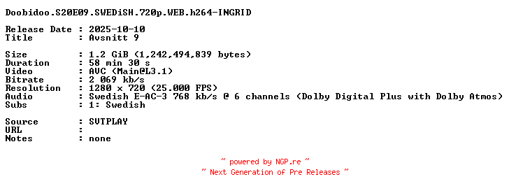 NFO for the release Doobidoo.S20E09.SWEDiSH.720p.WEB.h264-INGRID by INGRID