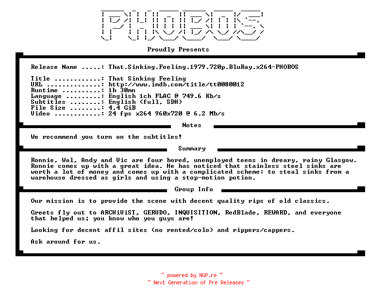 NFO for the release That.Sinking.Feeling.1979.720p.BluRay.x264-PHOBOS by PHOBOS