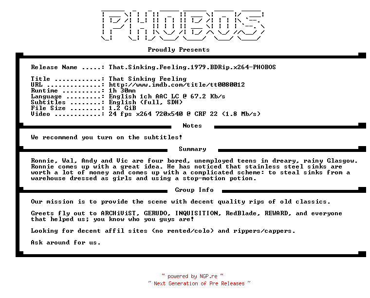 NFO for the release That.Sinking.Feeling.1979.BDRip.x264-PHOBOS by PHOBOS