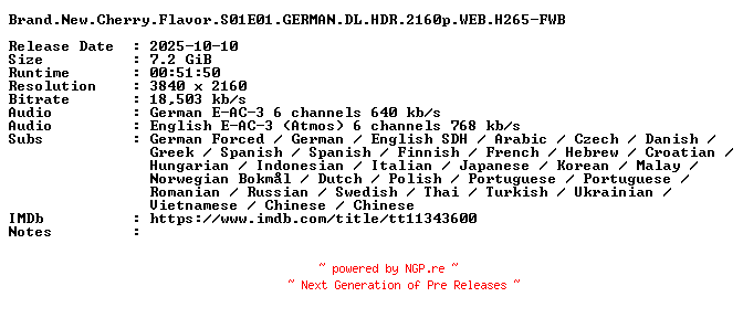 NFO for the release Brand.New.Cherry.Flavor.S01E01.GERMAN.DL.HDR.2160p.WEB.H265-FWB by FWB