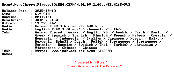 NFO for the release Brand.New.Cherry.Flavor.S01E04.GERMAN.DL.DV.2160p.WEB.H265-FWB by FWB